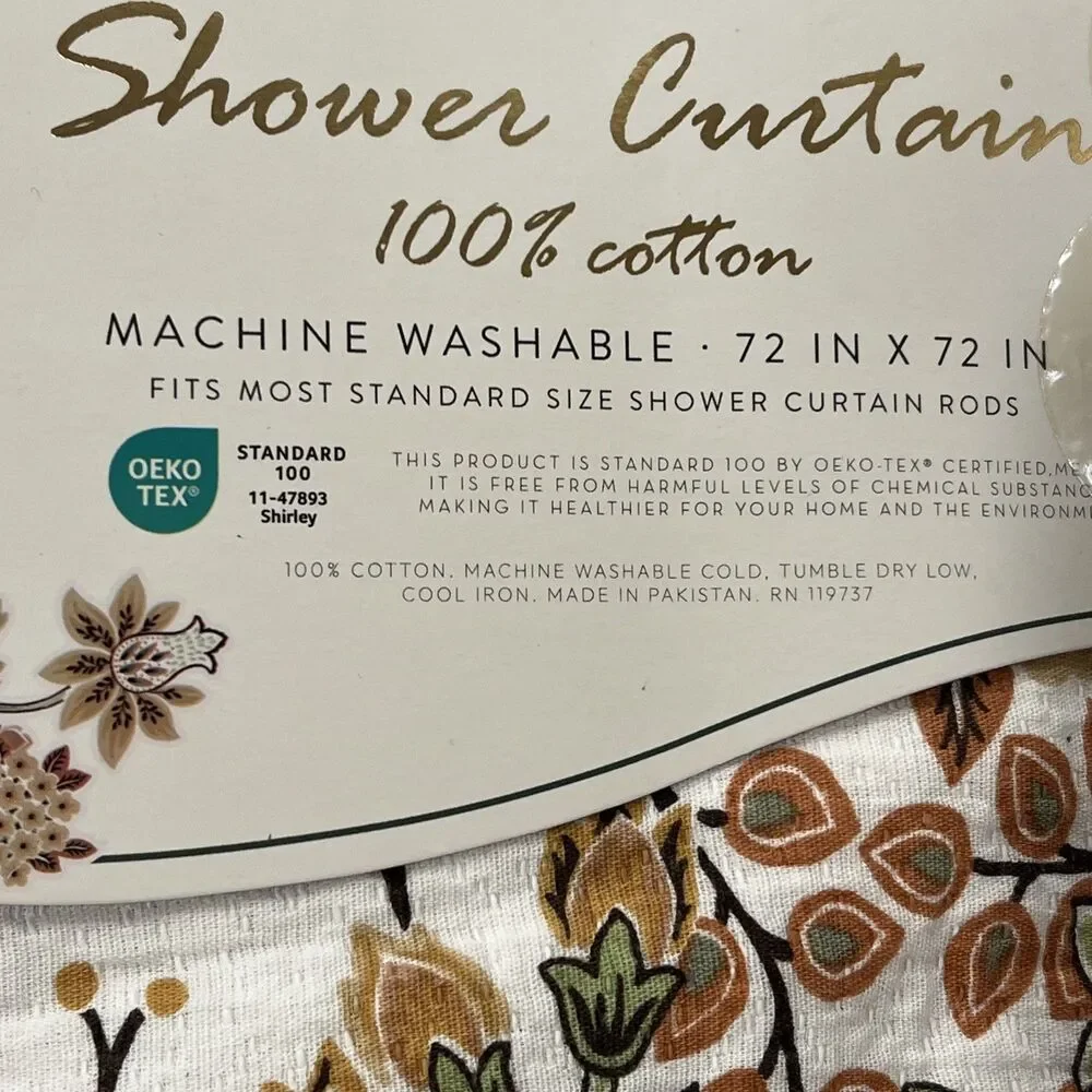 VESELKA HOME SHOWER CURTAIN 100% COTTON Cheetah Brown Floral Trim Detail New